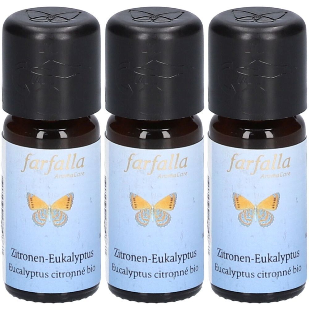 Trois flacons avec bouchons noirs. Étiquettes avec "farfalla" et "Zitronen-Eukalyptus".
