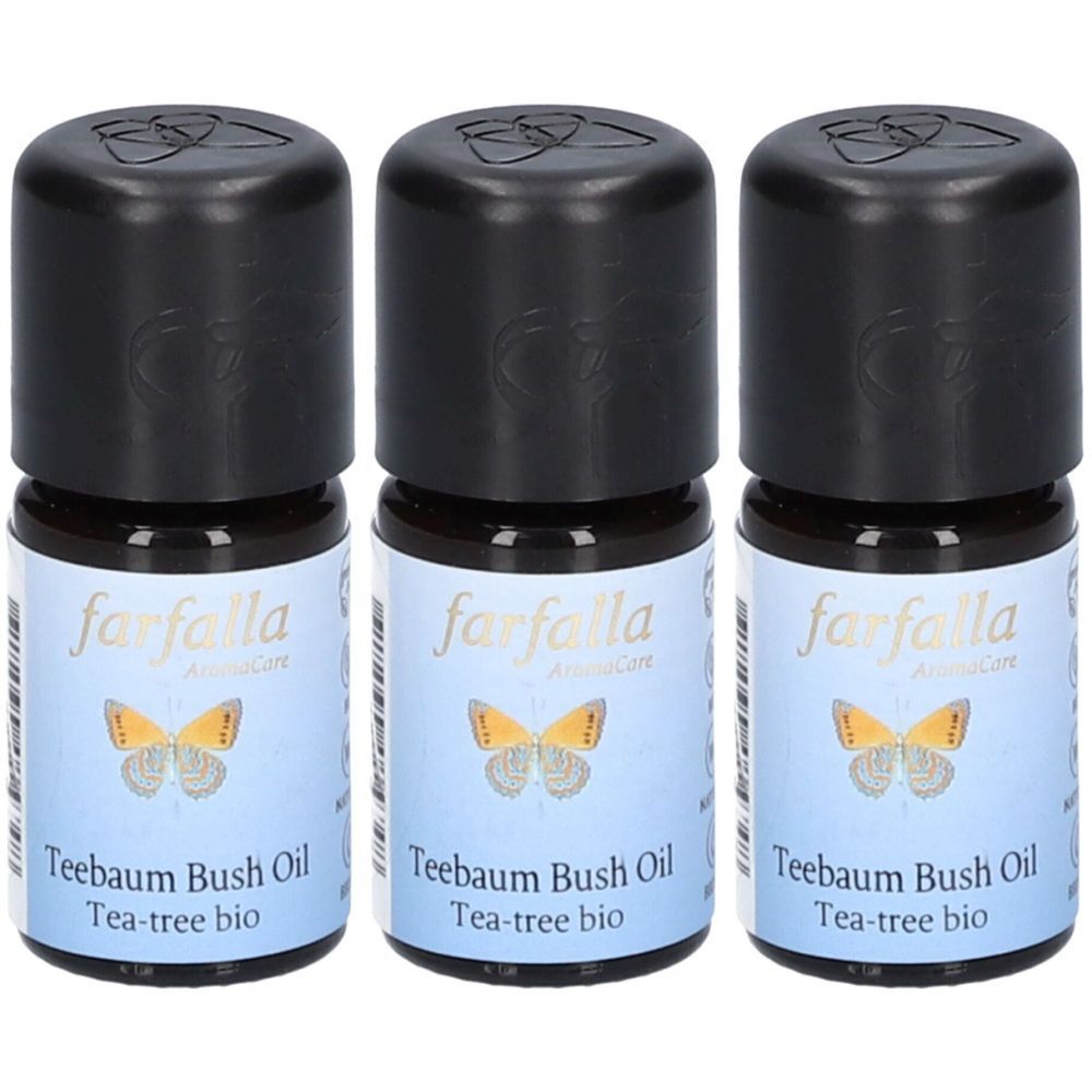 Trois flacons avec bouchons noirs. Étiquettes: "farfalla" et "Teebaum Bush Oil". Image de papillon.