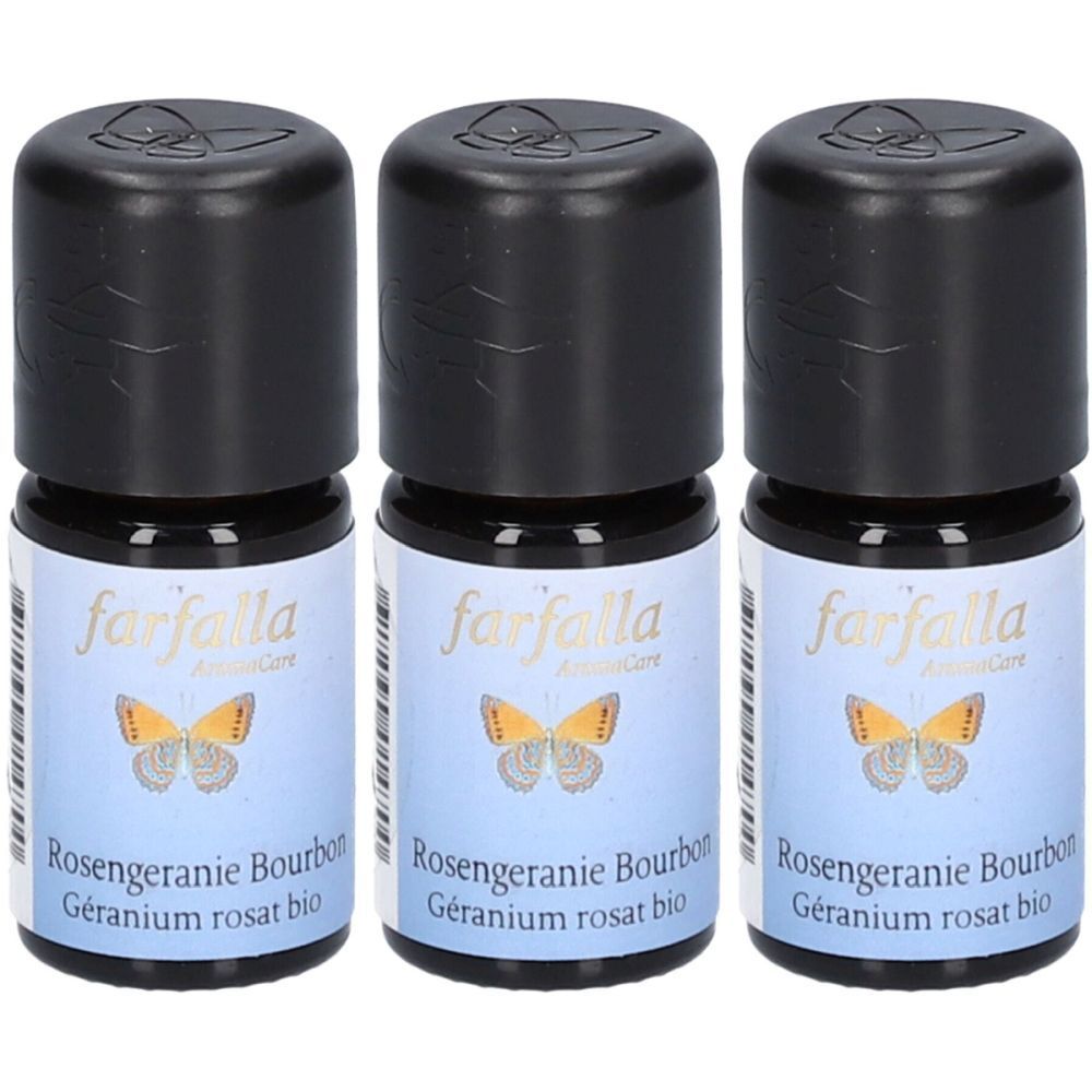 Trois petites bouteilles en verre avec bouchons noirs. Étiquettes avec "farfalla" et "Rosengeranie Bourbon".