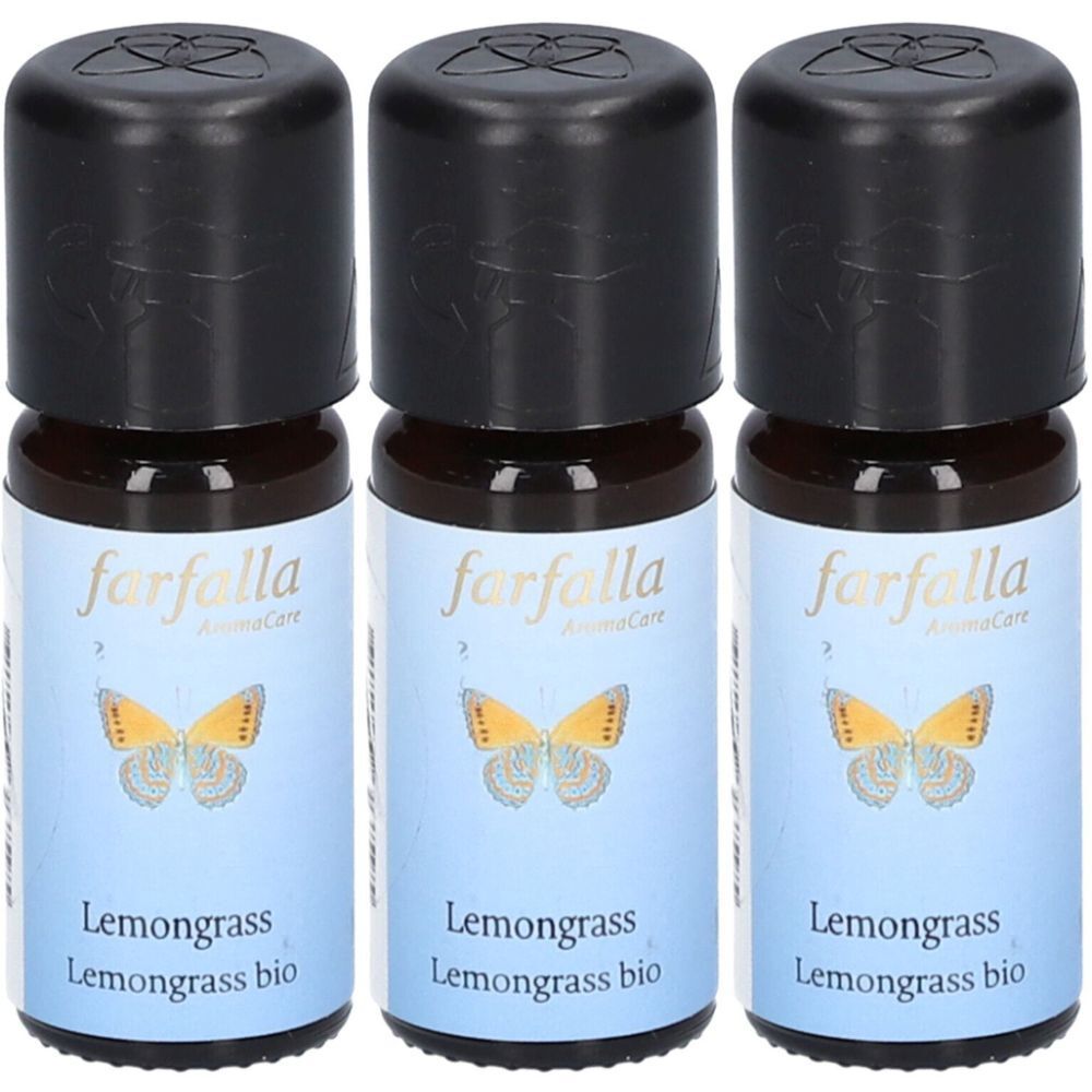 Trois flacons d'huile essentielle. Étiquettes bleues avec papillon et texte. Bouchons noirs. Inscription : Lemongrass bio.
