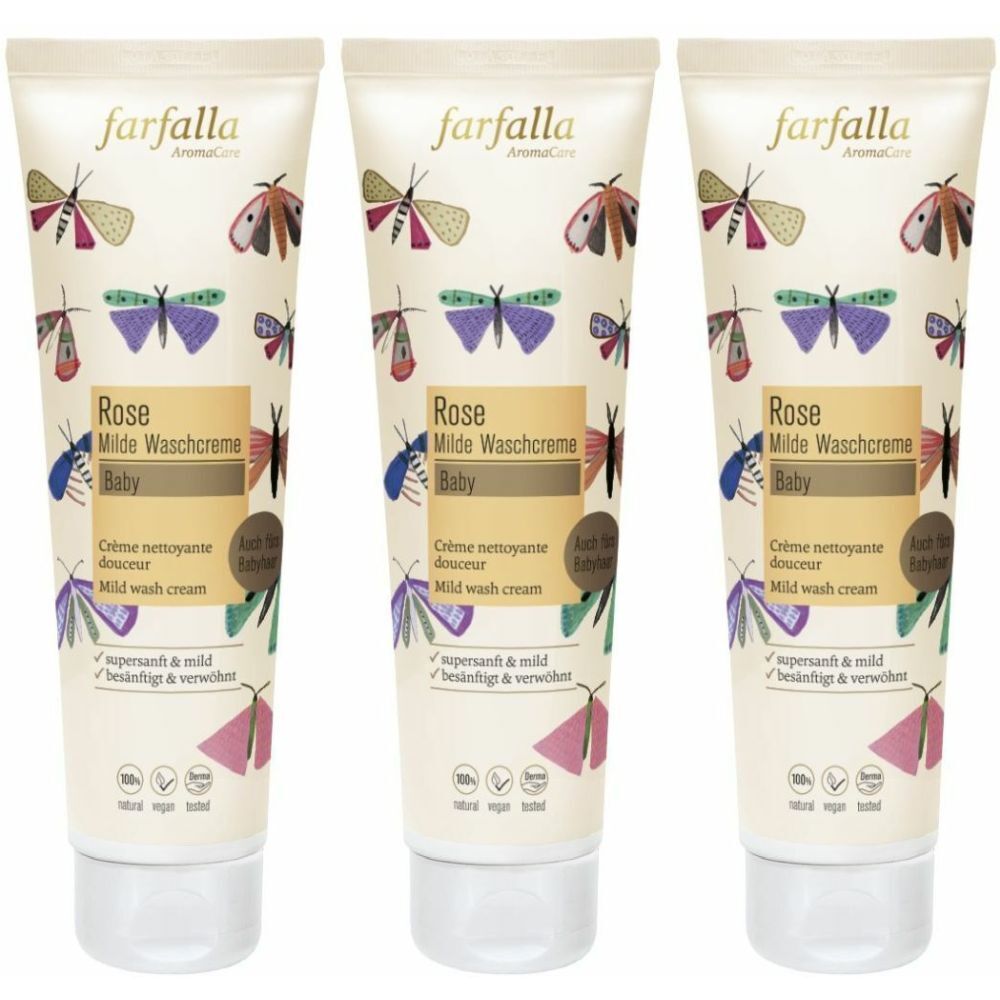 Trois tubes de crème lavante "farfalla AromaCare Rose Milde Waschcreme Baby". Motifs de papillons, logos, texte.