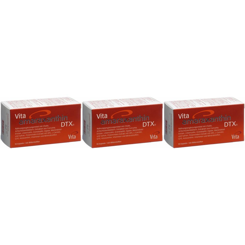 Trois boîtes Vita amaraxanthin DTX. Boîtes blanches avec texte rouge. Inscription : Vita, amaraxanthin DTX, Vita.