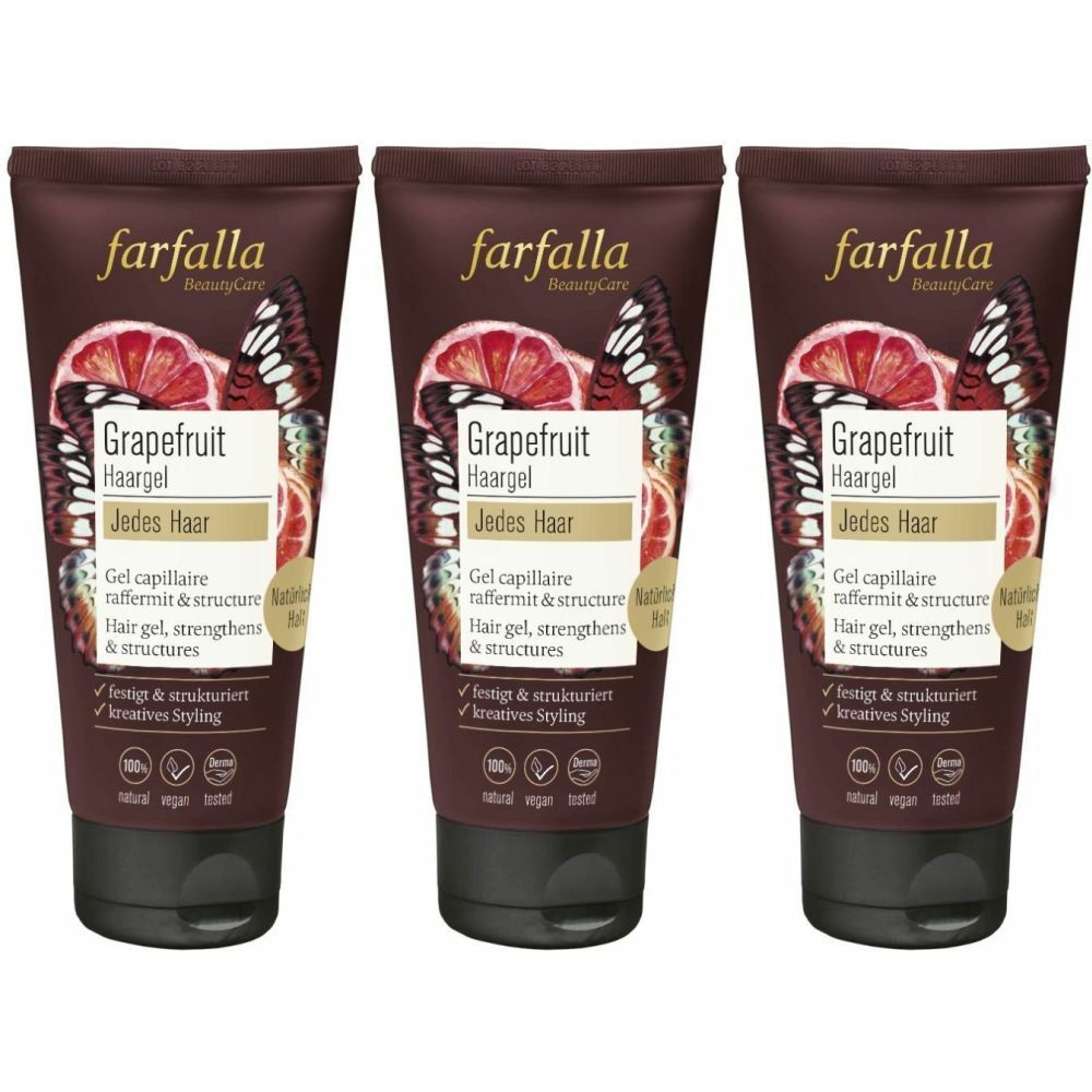 Trois tubes de gel capillaire. Chaque tube porte l'inscription "farfalla BeautyCare Grapefruit Haargel". Le produit est pour tous les cheveux.