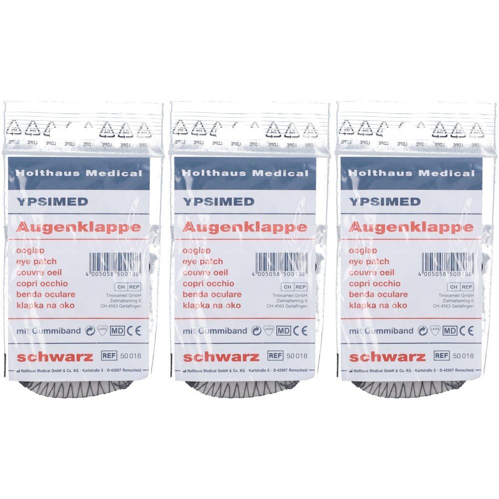Trois cache-œil emballés. L'emballage porte la mention "YPSIMED Augenklappe" et "schwarz".