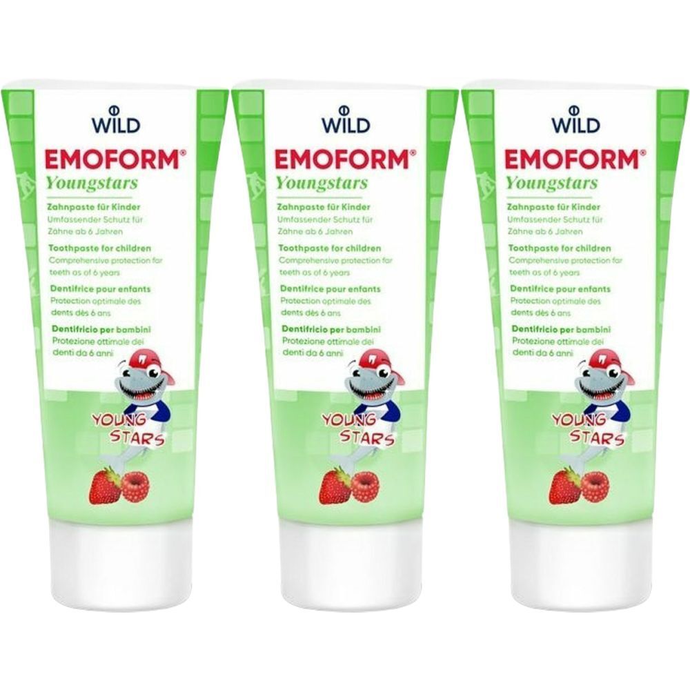Trois tubes de dentifrice EMOFORM Youngstars. Vert et blanc, avec personnage de dessin animé et fraises. Texte: Dentifrice pour enfants.