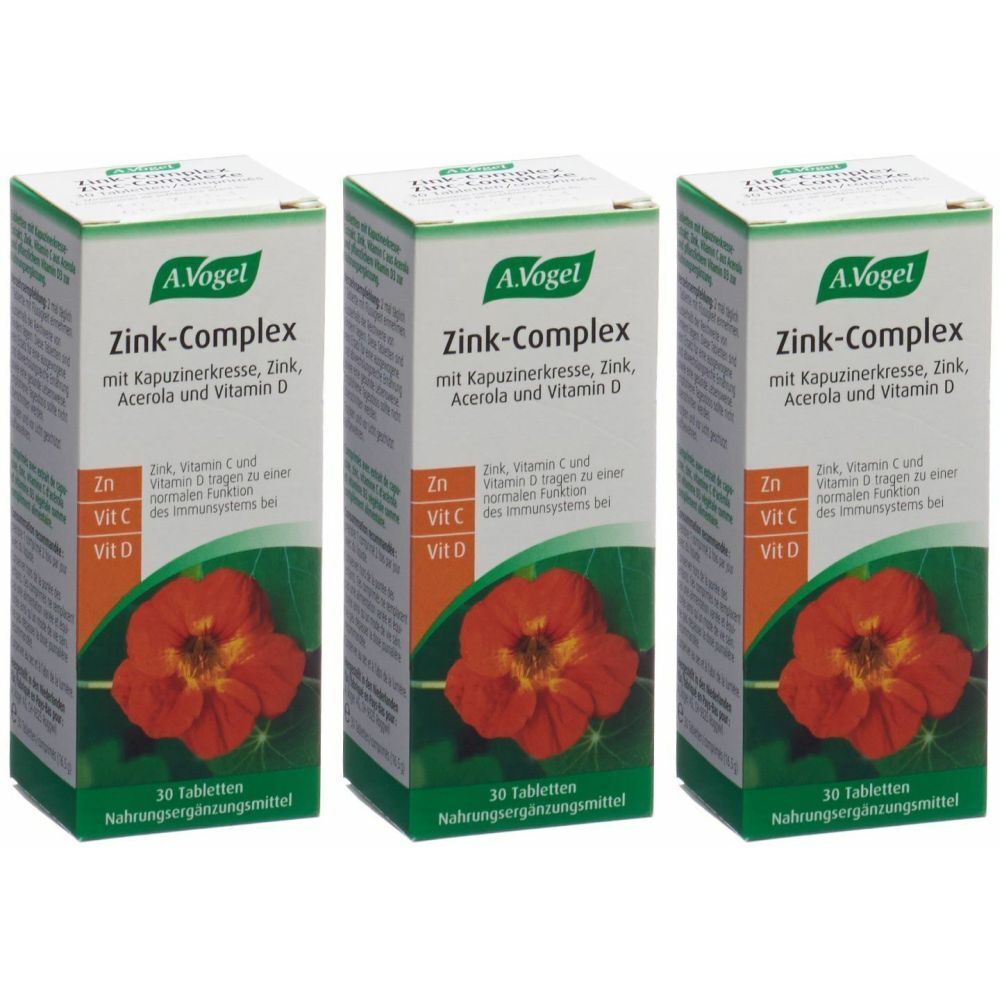Trois boîtes de A. Vogel Zink-Complex. Sur chaque boîte : nom du produit, ingrédients, logo et une fleur orange.