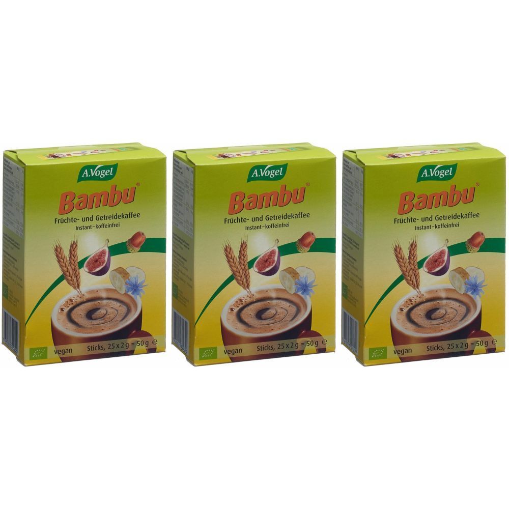Trois boîtes de A. Vogel Bambu. Inscription : café de fruits et de céréales, sans caféine instantanée. Avec illustrations de fruits et de céréales.