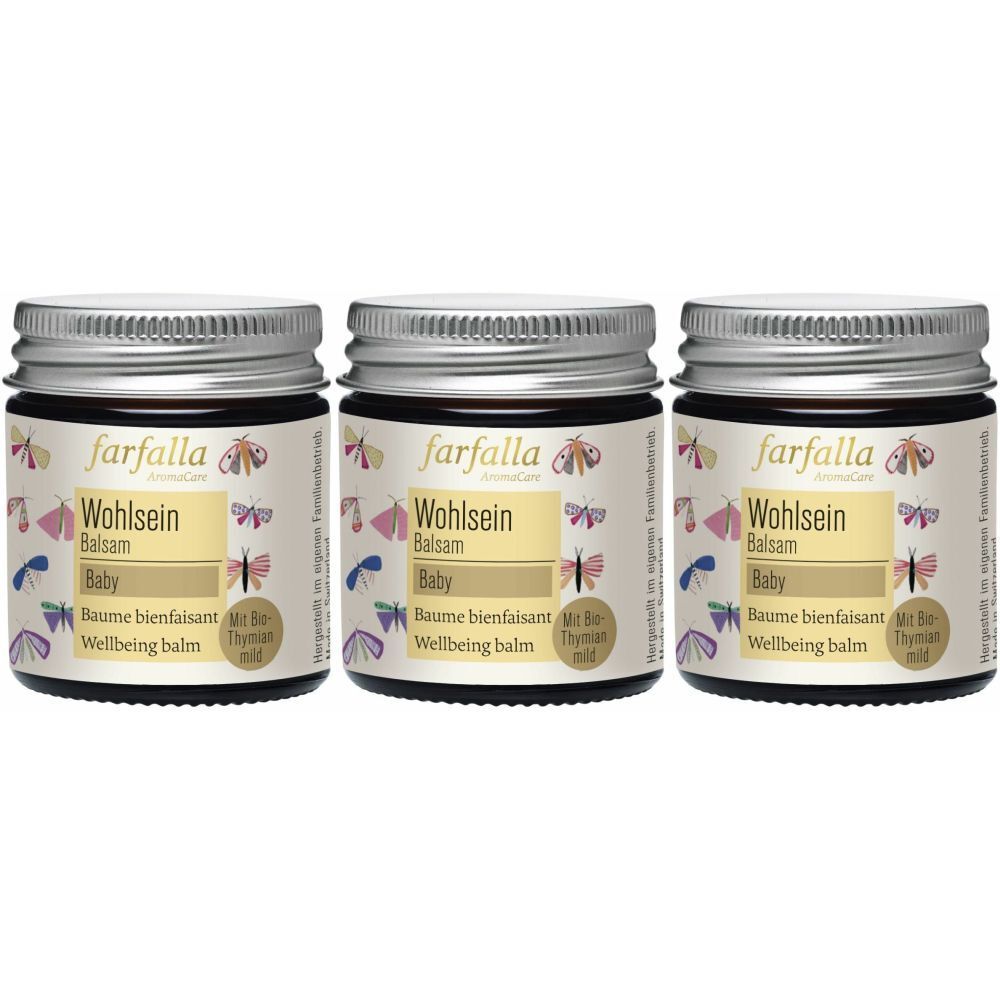 Trois pots de baume avec couvercles argentés. Inscription : farfalla Wohlsein Balsam Baby. Étiquette avec motifs de papillons.