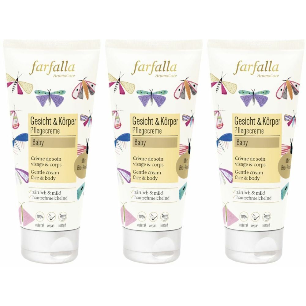 Trois tubes de crème avec le logo farfalla et l'inscription Gesicht & Körper Pflegecreme Baby. Emballage avec motif papillon.