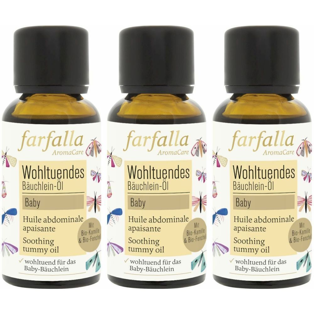 Trois flacons d'huile avec bouchon noir. Inscription: farfalla AromaCare, Wohltuendes Bäuchlein-Öl, Baby.