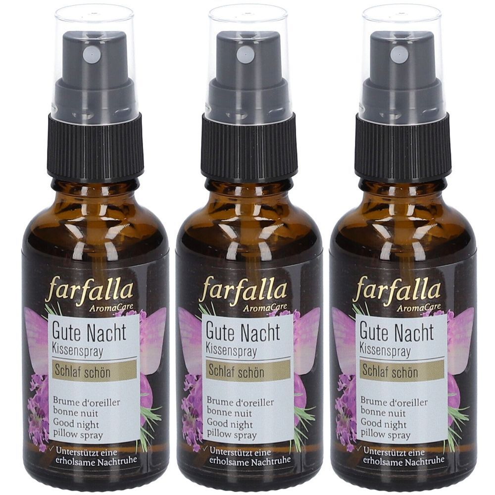 Trois flacons en verre brun avec vaporisateur. Inscription: farfalla Gute Nacht Kissenspray. Étiquette avec texte en plusieurs langues.