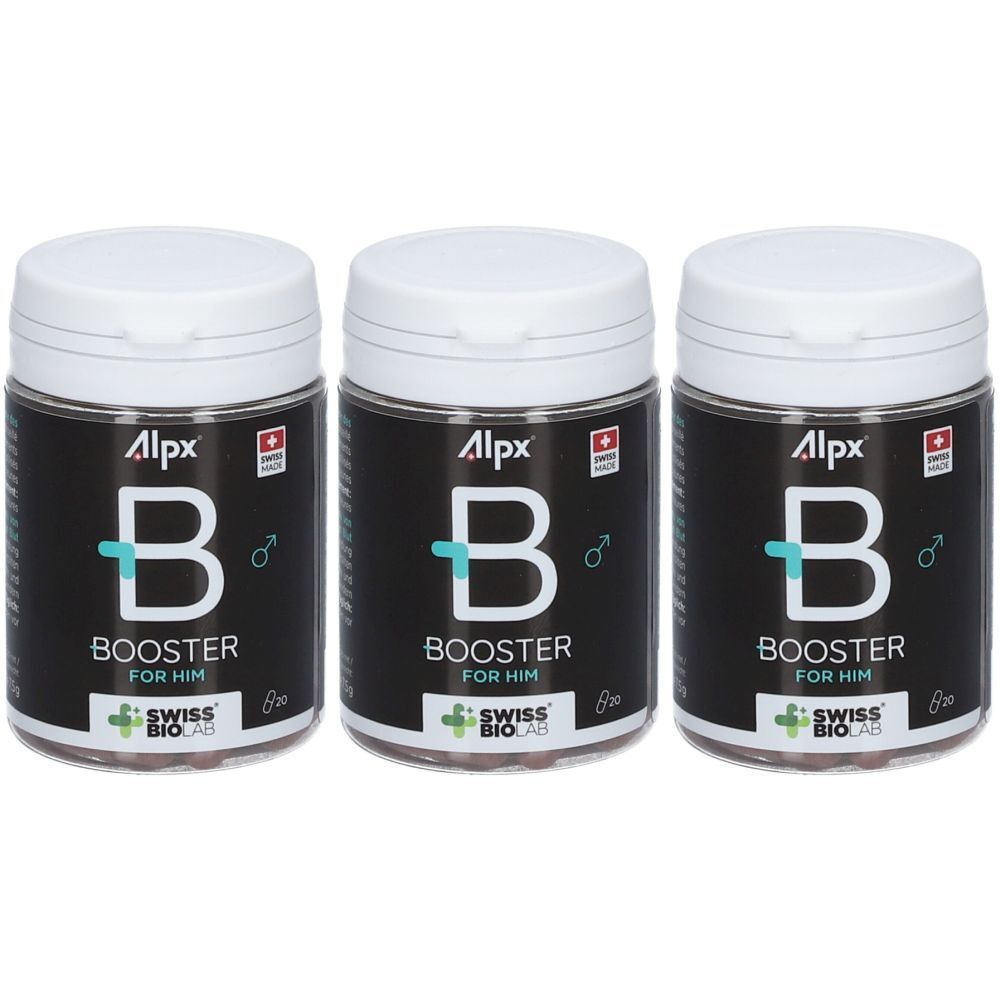 Trois boîtes cylindriques avec couvercles blancs. Étiquette noire avec "B" blanc et texte. Logos "Alpx" et "Swiss Bio Lab".