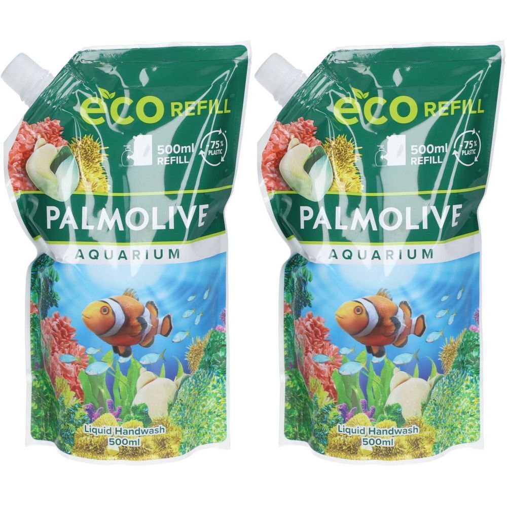 Deux recharges de savon liquide Palmolive Aquarium. Emballage vert avec motif de poisson. Contient 500ml.
