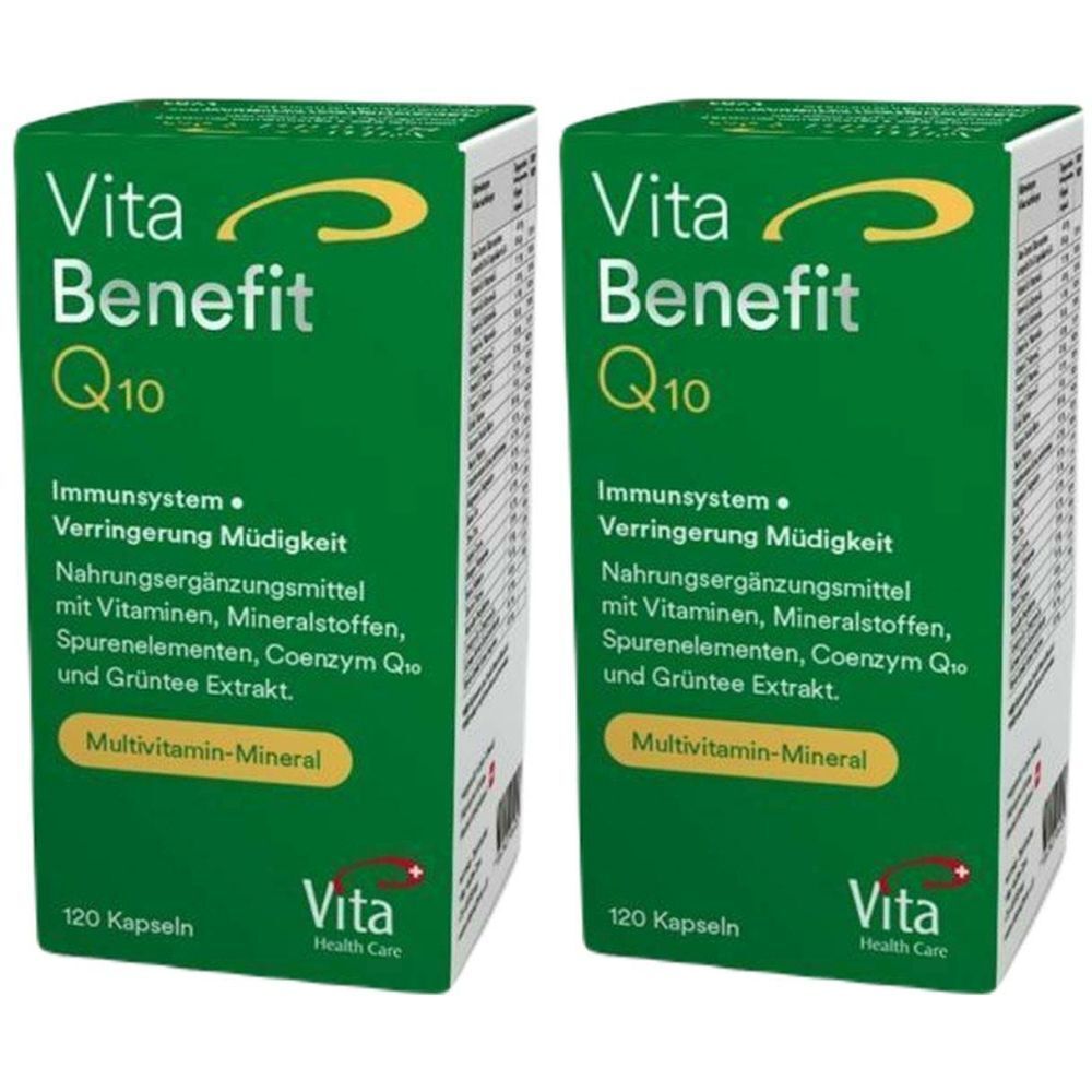 Deux boîtes vertes "Vita Benefit Q10". Inscription: Système immunitaire, réduction de la fatigue, multivitamines-minéraux. 120 gélules.