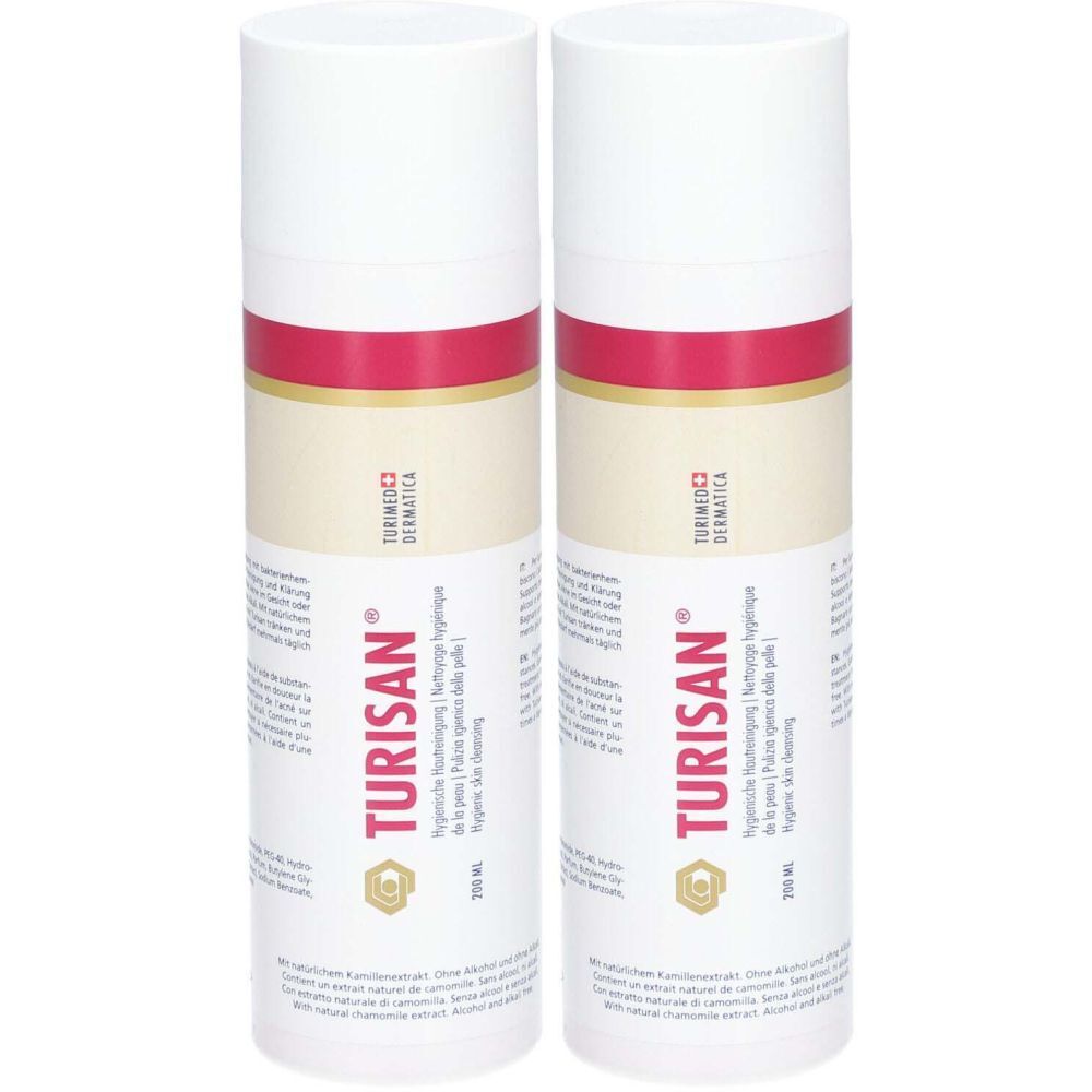 Deux flacons pulvérisateurs blancs avec une bande rouge et le nom du produit TURISAN®. Texte multilingue. 100 ml.