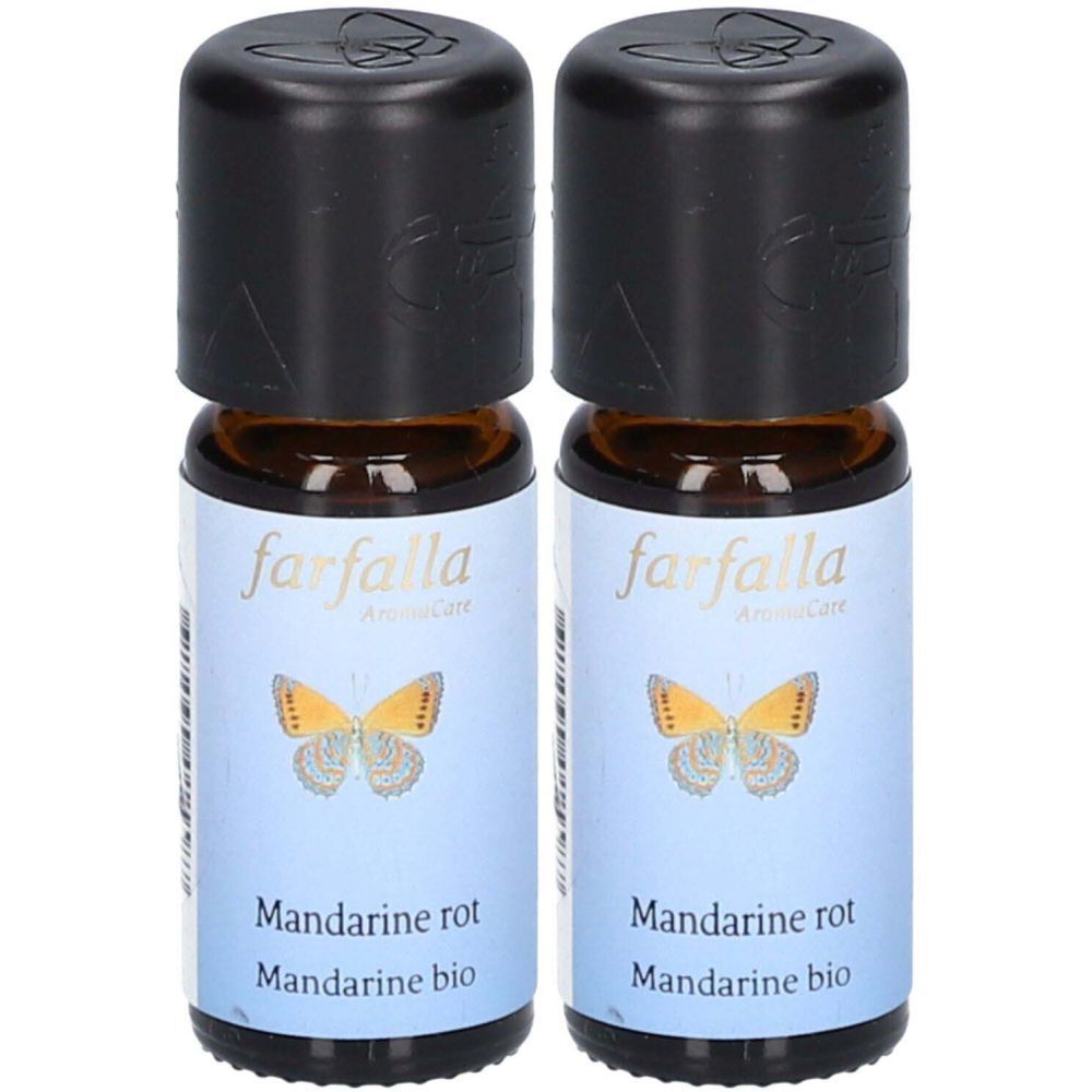 Deux flacons d'huile essentielle "farfalla" Mandarine rouge. Flacons en verre brun avec bouchons noirs et étiquettes avec papillon.