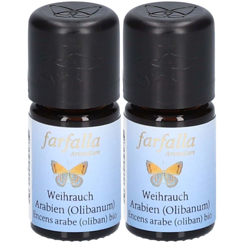 Deux petites bouteilles en verre brun avec des bouchons noirs. Les étiquettes portent les inscriptions "farfalla" et "Weihrauch".