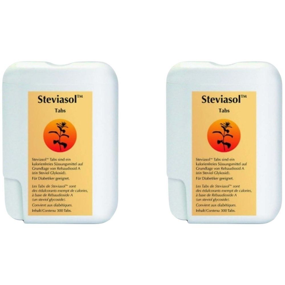 Deux boîtes blanches de comprimés avec des étiquettes. Les étiquettes indiquent "Steviasol Tabs" avec un logo orange.