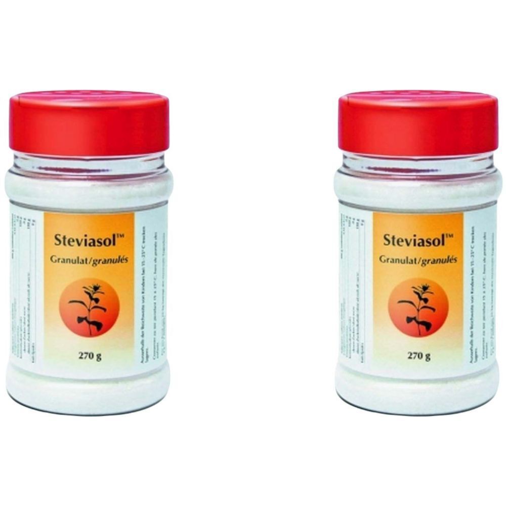 Deux pots blancs avec couvercles rouges. Inscription: Steviasol Granulat/granulés. Logo orange. 270 g.
