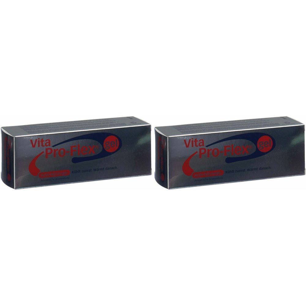 Deux boîtes rectangulaires grises. Le texte "Vita Pro Flex" est visible en rouge et bleu sur le devant de l'emballage.