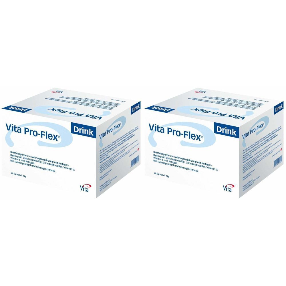 Deux boîtes blanches Vita Pro-Flex Drink. Inscriptions en allemand.