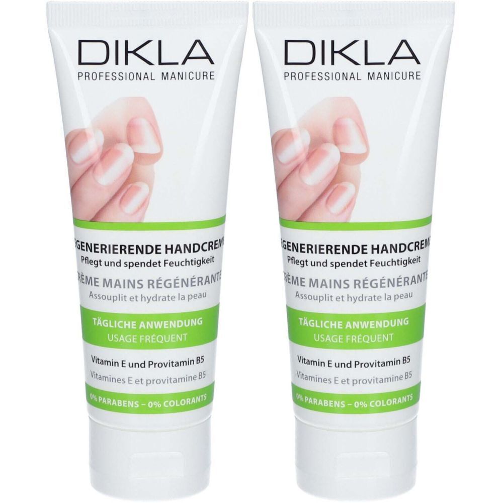 Deux tubes de crème pour les mains DIKLA. Inscription : GENERIERENDE HANDCREME, vitamine E et provitamine B5. Tubes blancs avec texte vert et noir.