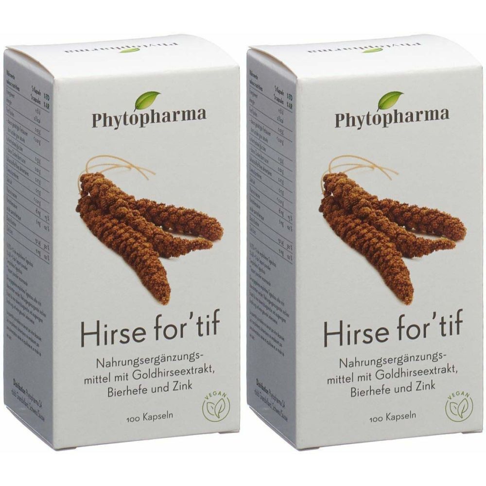 Deux boîtes blanches avec "Phytopharma" et "Hirse for'tif". Sceau végétalien. 100 gélules.