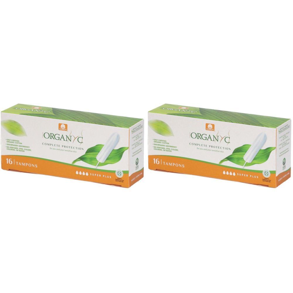 Deux boîtes de tampons. Inscription : ORGANYC, 16 tampons, Super Plus. Emballage vert, blanc et orange.
