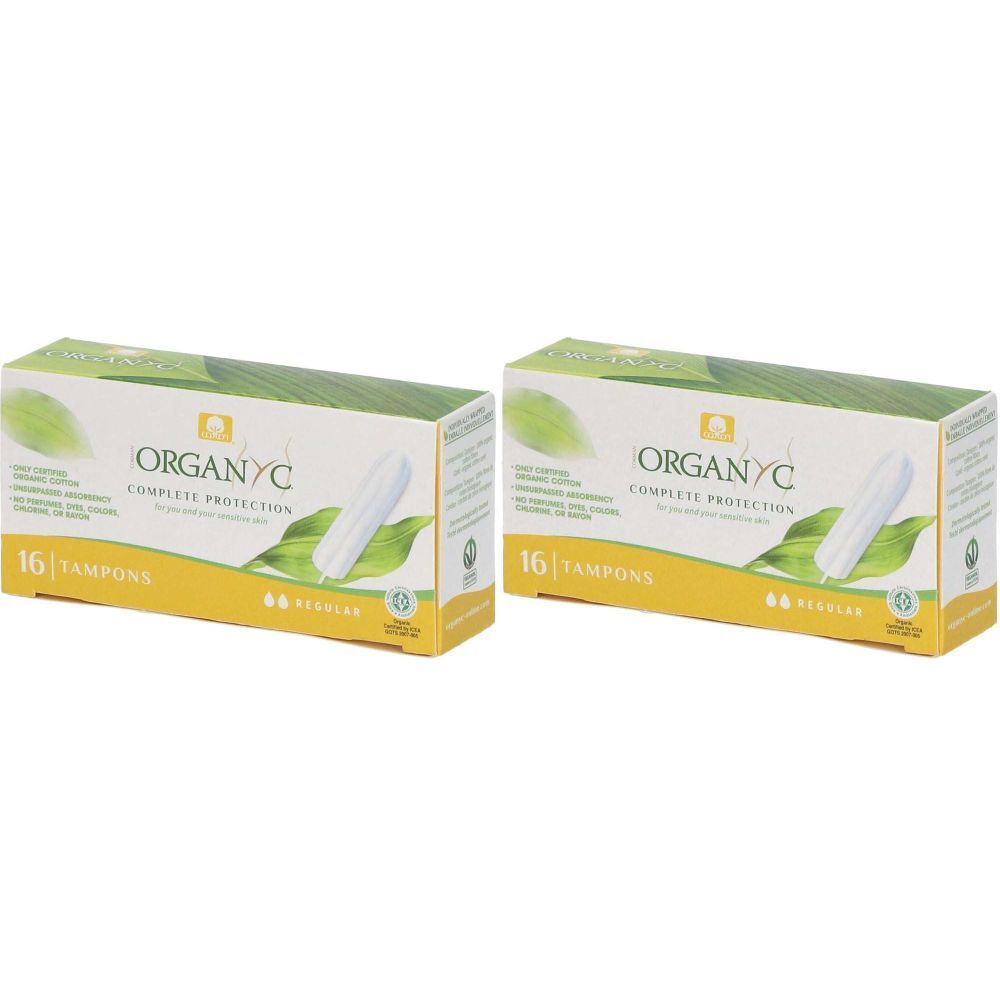 Deux boîtes de tampons. Inscription : ORGANYC, 16 tampons, Regular. Emballage avec feuilles vertes et fond jaune.
