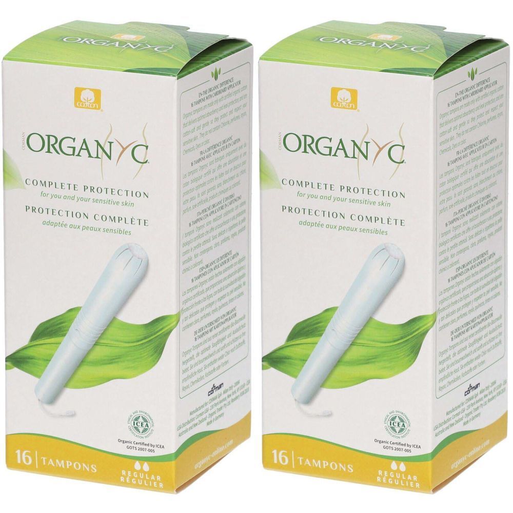 Deux boîtes de tampons ORGANYC Regular avec applicateur. Inscription : Complete Protection, 16 tampons. Avec certifications.