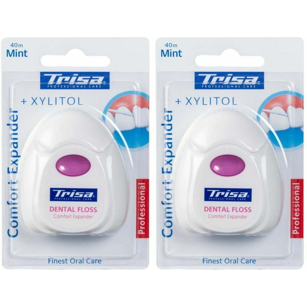 Deux paquets de fil dentaire. Distributeurs blancs avec bouton rose. Inscription: Trisa, Dental Floss, Xylitol, 40m Mint.