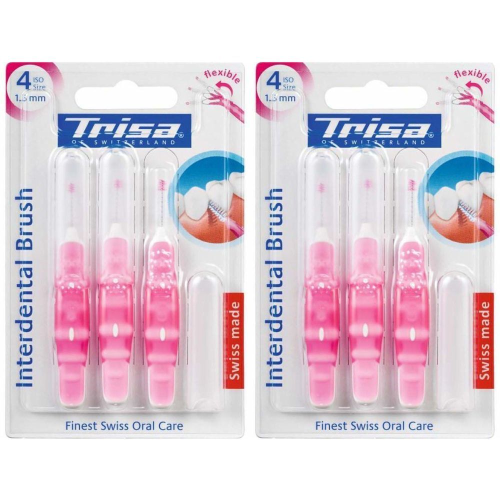 Deux paquets de brosses interdentaires. Brosses roses avec tête blanche, emballage plastique. Marque Trisa, Swiss Made.