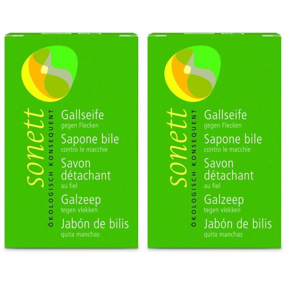 Deux boîtes vertes avec informations produit. Inscriptions: Gallseife, Sapone bile, Savon détachant, Galzeep, Jabón de bilis. Marque: sonett.