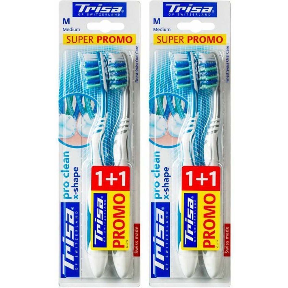 Deux emballages de brosses à dents. Inscription : Trisa, Medium, Super Promo, 1+1. Pro clean x-shape.