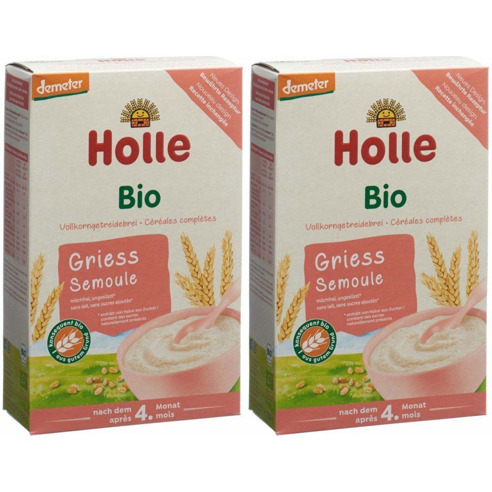Deux boîtes de Holle Bio-Griessbrei. Inscriptions : Demeter, Bio, Griess Semoule, après le 4e mois.