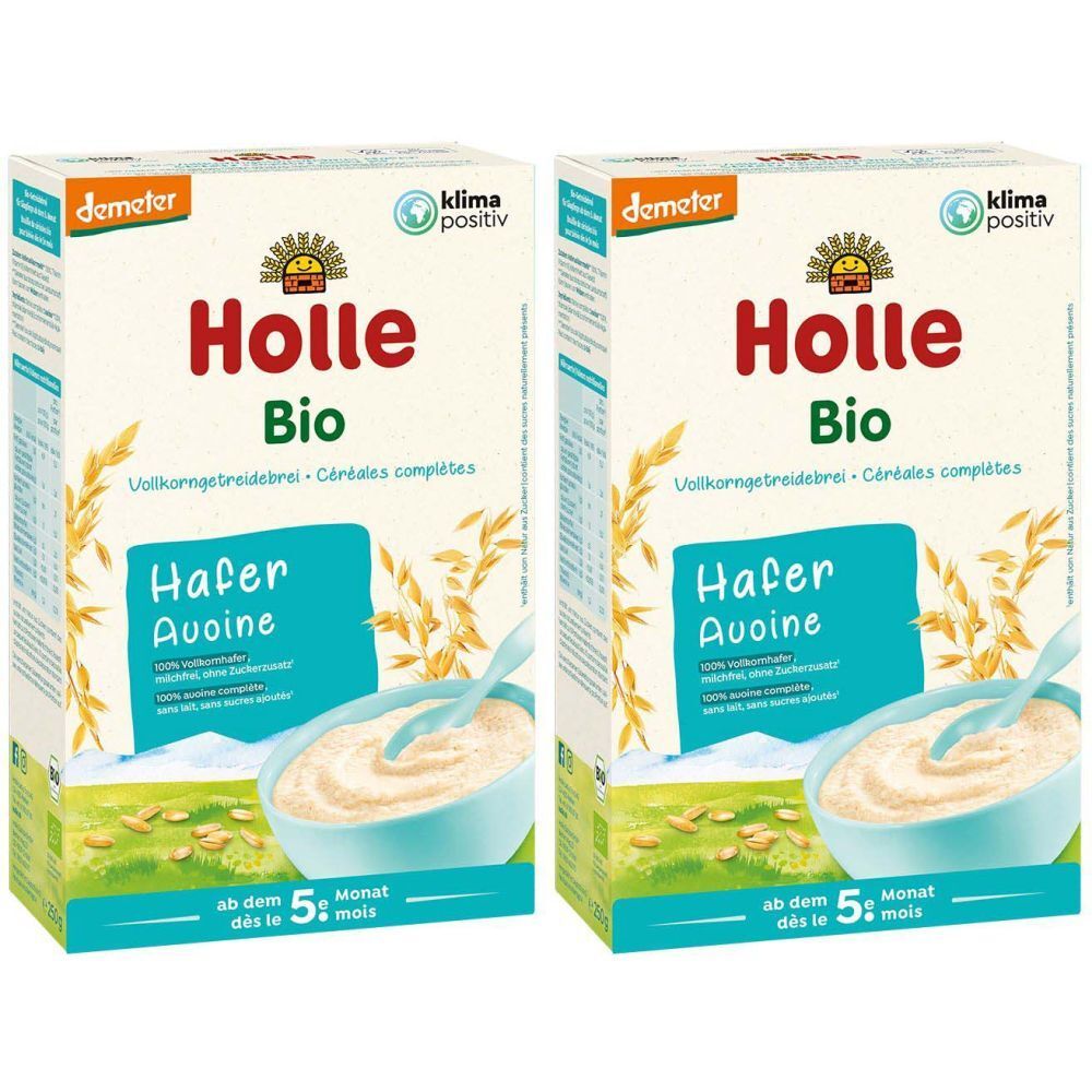 Emballage de bouillie de flocons d'avoine bio Holle. Logo Demeter, label Klima positiv. Texte : Hafer Avoine, à partir du 5e mois.