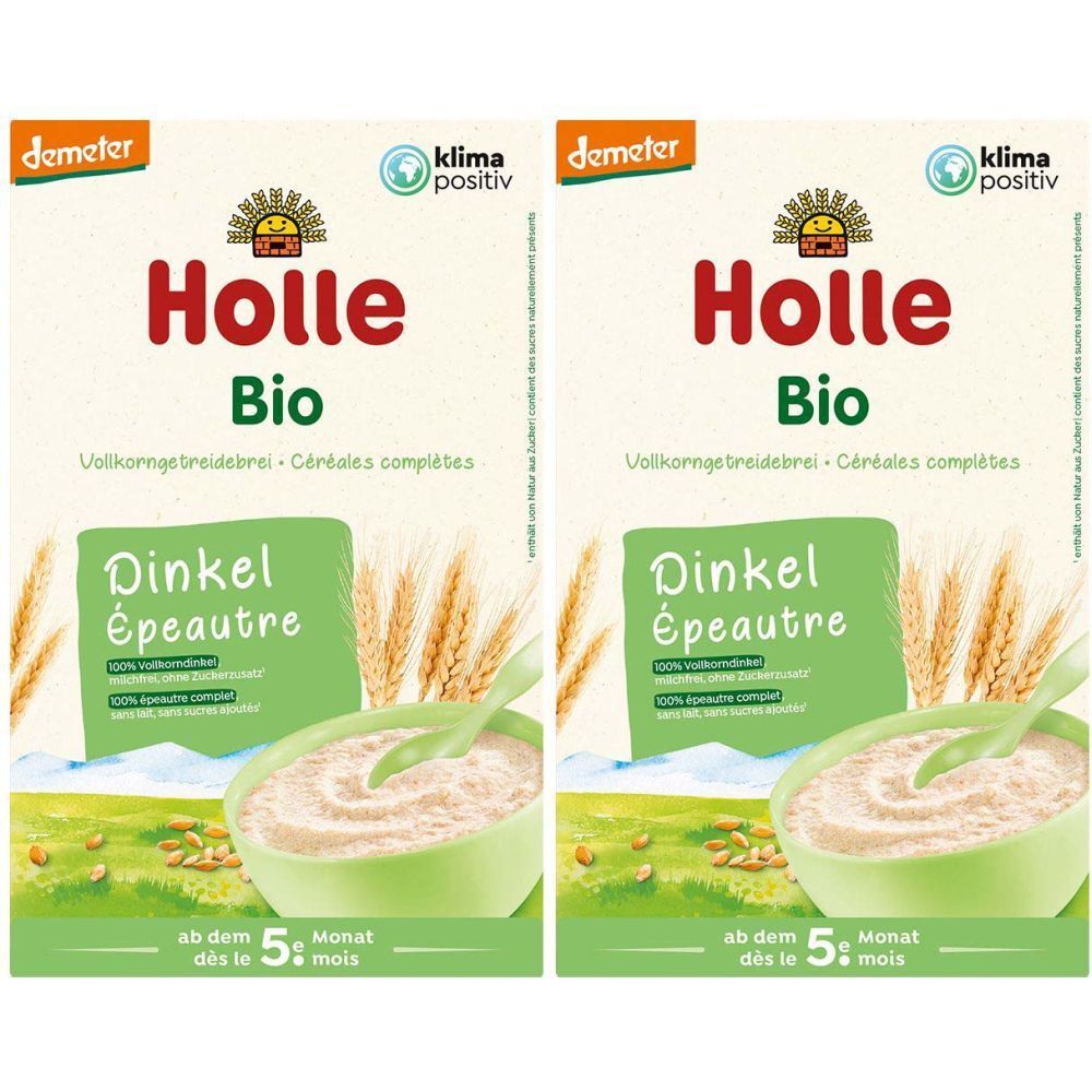 Deux paquets de Holle Bio Dinkelbrei. Inscriptions : Demeter, Bio, Klima positiv. Dès le 5e mois.