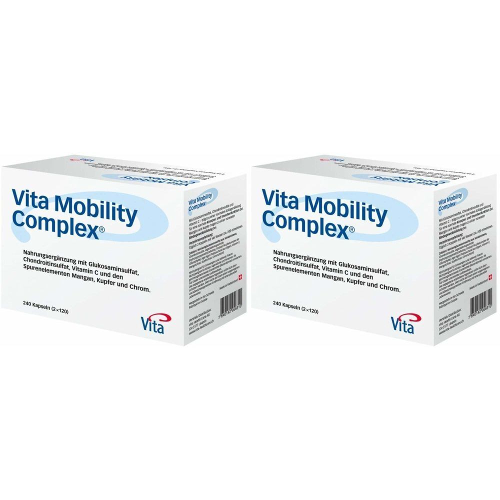 Deux boîtes blanches avec "Vita Mobility Complex". Texte: Complément alimentaire avec glucosamine, chondroïtine, vitamine C et oligo-éléments.
