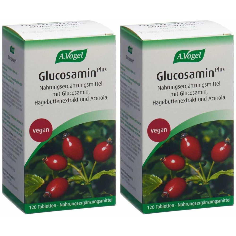 Deux boîtes de A. Vogel Glucosamine Plus. Inscription : Complément alimentaire avec glucosamine, extrait d'églantier et acérola. Label vegan.