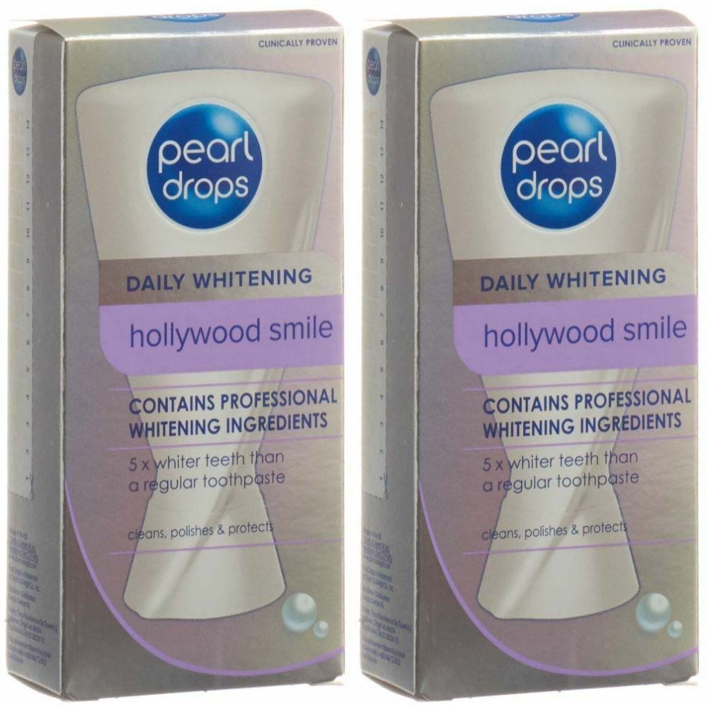 Deux boîtes de dentifrice. Inscription: pearl drops, Daily Whitening, hollywood smile. Contient des ingrédients blanchissants professionnels.