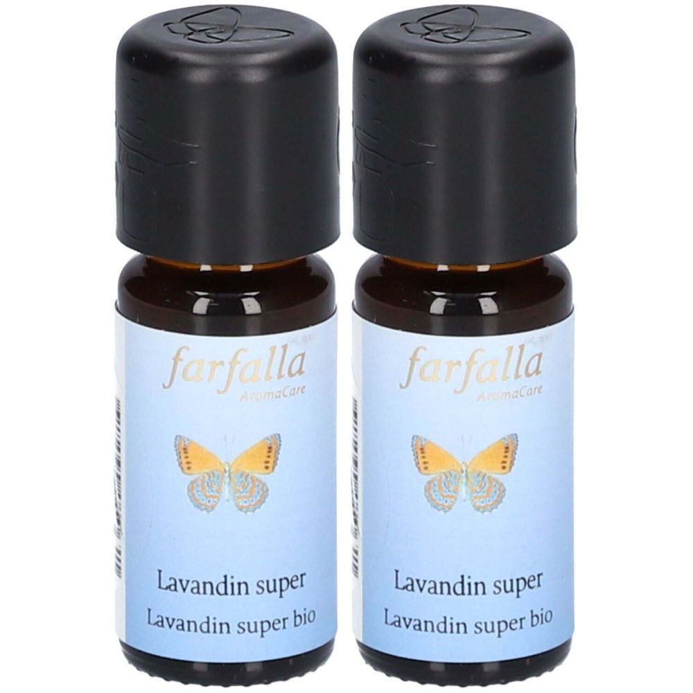 Deux flacons en verre brun avec des bouchons noirs. Les étiquettes indiquent "farfalla" et "Lavandin super bio".