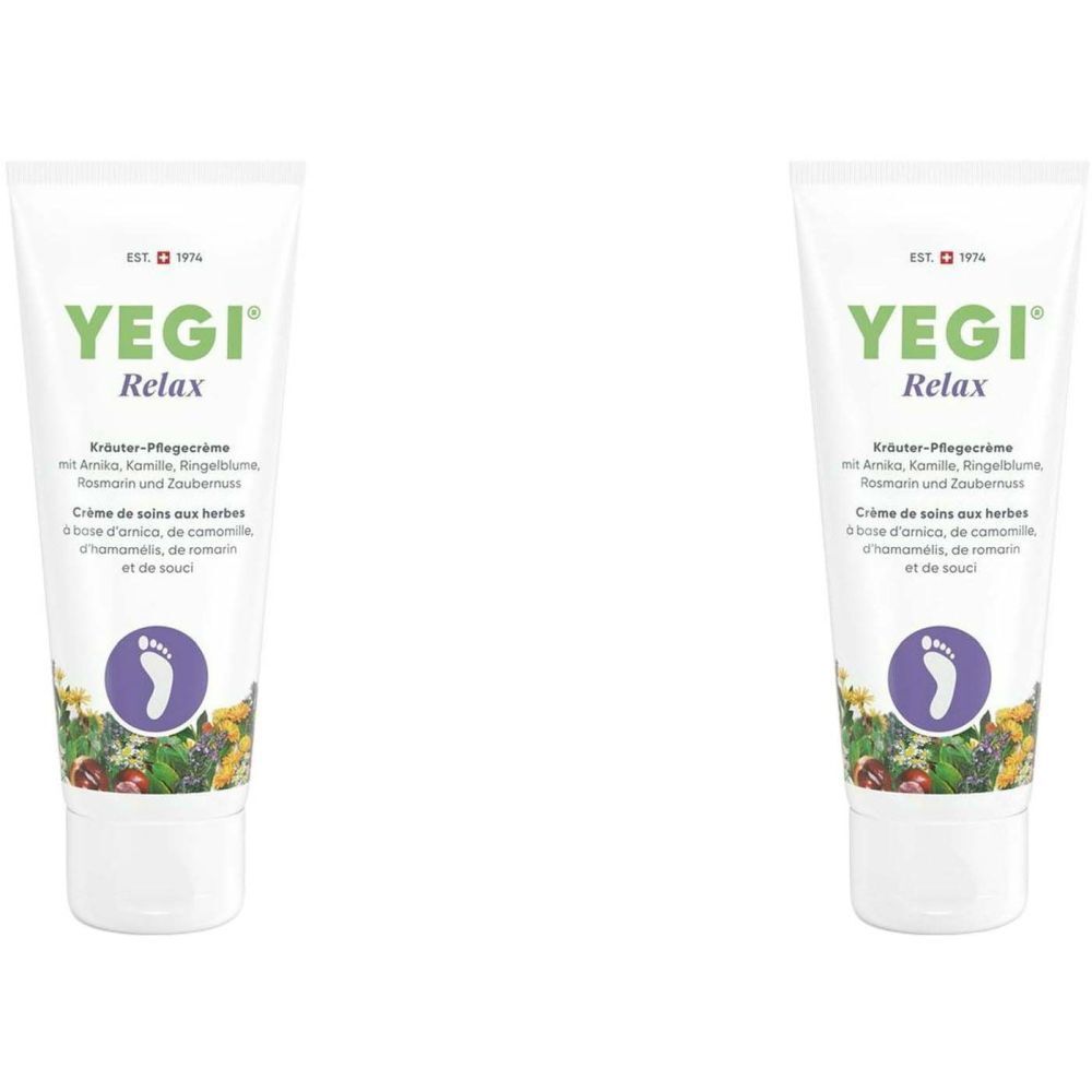 Deux tubes de crème aux herbes. Inscription: YEGI Relax. Symbole de pied et représentation d'herbes. Fond blanc.