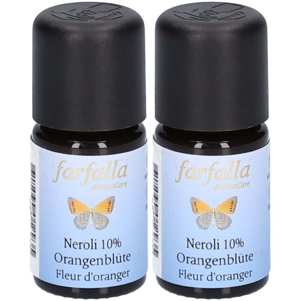 Deux flacons d'huile essentielle. Étiquette : farfalla, Neroli 10%, Fleur d'oranger. Bouchons noirs.