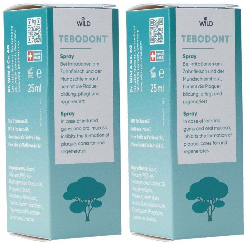 Deux boîtes identiques. Inscription: WILD TEBODONT Spray. 25 ml. Texte en allemand et en anglais. Croix suisse.