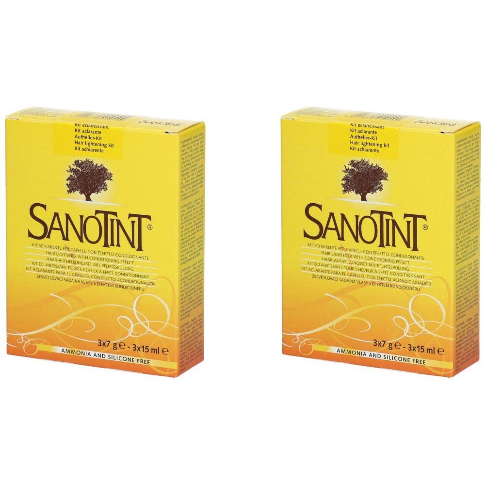 Deux boîtes jaunes avec logo SANOTINT et descriptions. Inscription : Kit éclaircissant, 3x7 g e - 3x15 ml e, sans ammoniaque ni silicone.