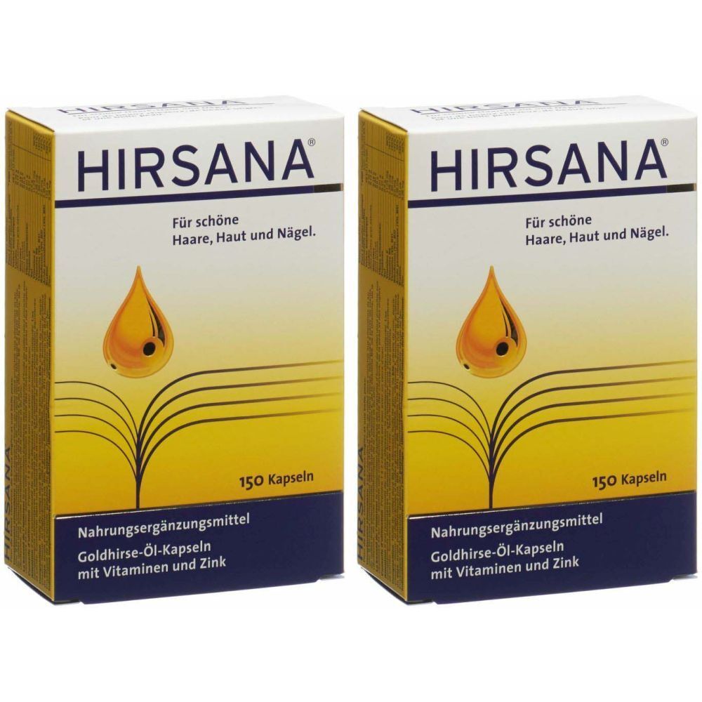 Deux boîtes de gélules HIRSANA. Inscription : Pour de beaux cheveux, peau et ongles. Contient 150 gélules. Complément alimentaire.