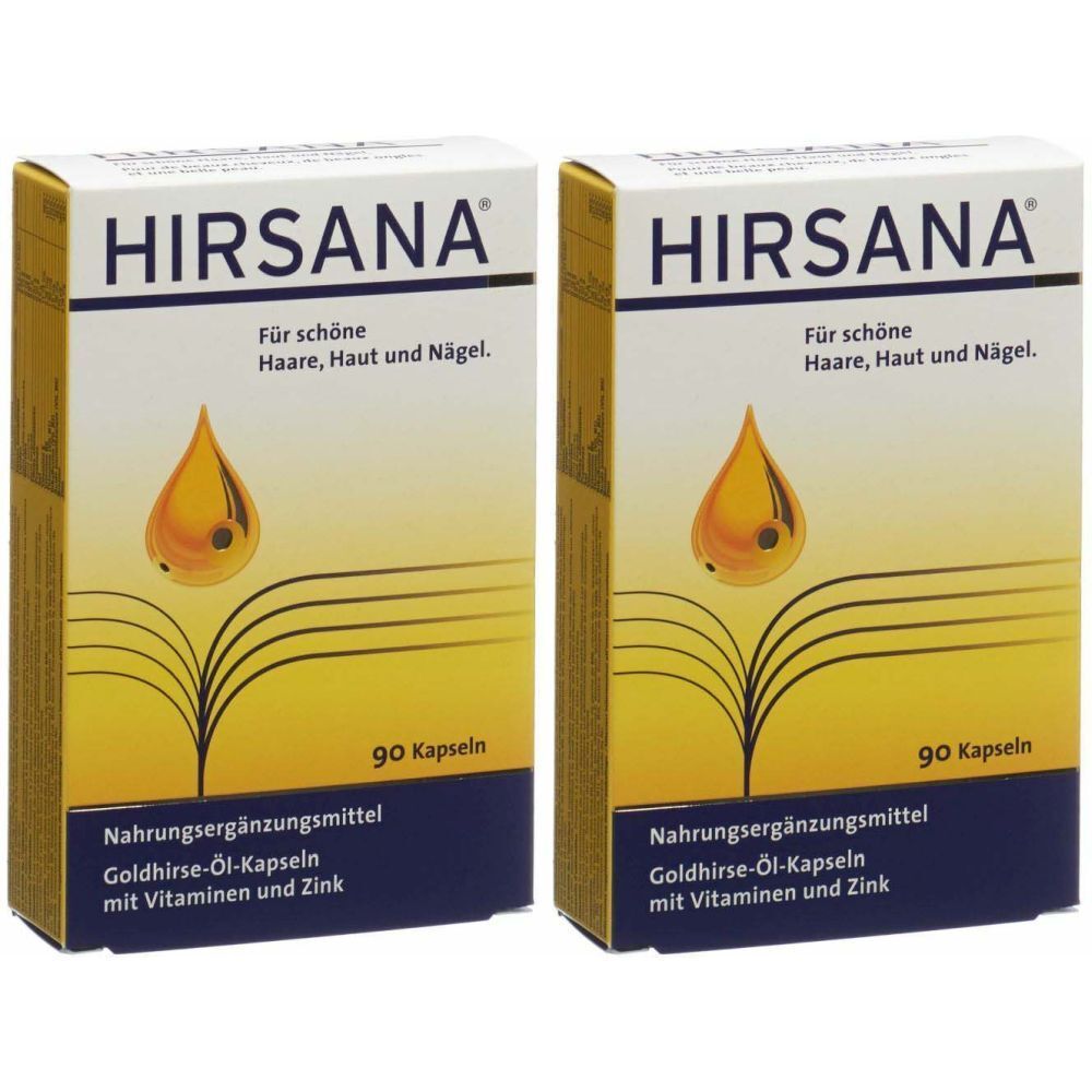 Deux boîtes de gélules HIRSANA. Inscription : Pour de beaux cheveux, une belle peau et de beaux ongles. Contient 90 gélules. Complément alimentaire.