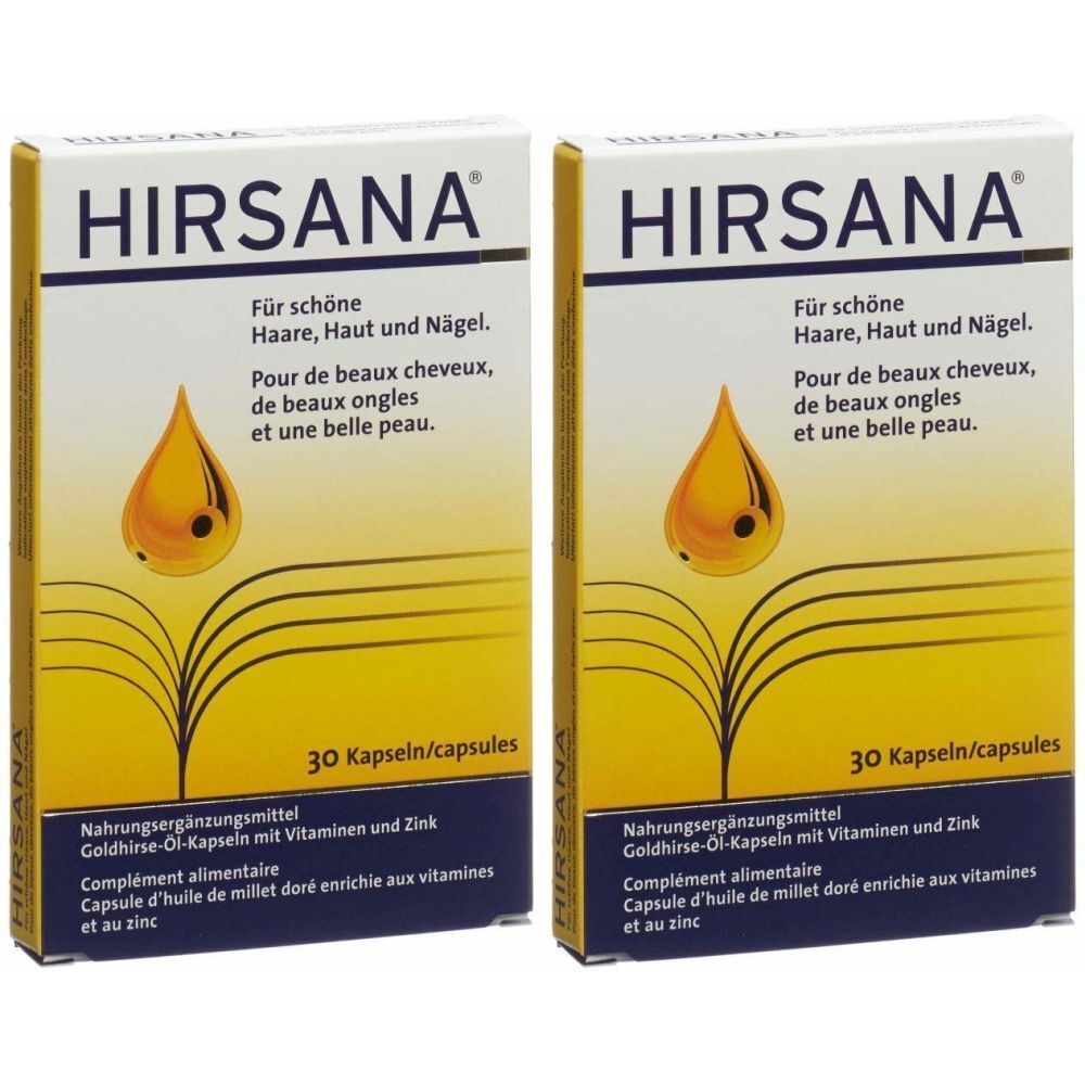 Deux boîtes de gélules HIRSANA. Inscription : Pour de beaux cheveux, de beaux ongles et une belle peau. 30 gélules. Complément alimentaire à l'huile de millet doré.