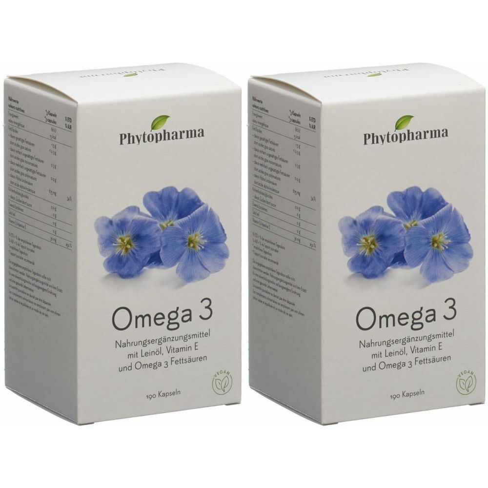 Deux boîtes blanches "Phytopharma Omega 3". Inscription: Complément alimentaire avec huile de lin, vitamine E et acides gras oméga 3. Image de fleurs bleues.
