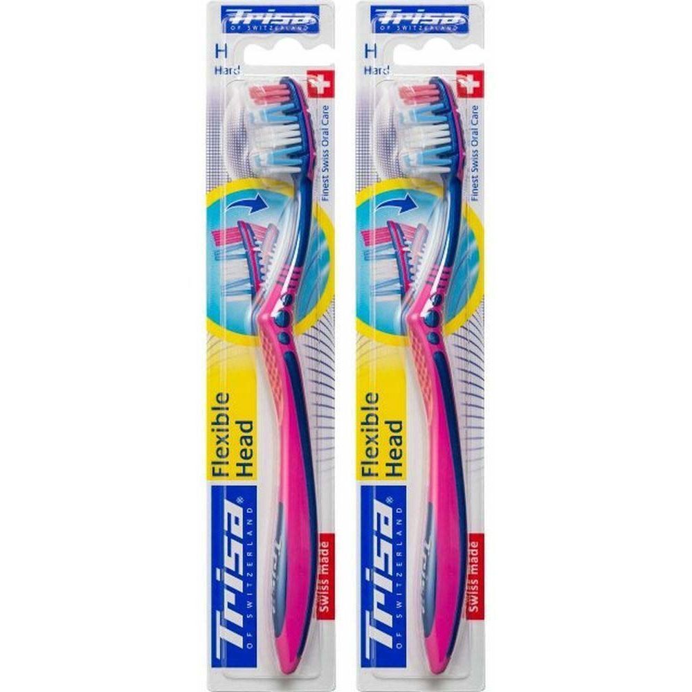 Deux brosses à dents emballées. Manches rose et bleu, têtes flexibles. Marque : Trisa. Inscription : Flexible Head, Swiss made.